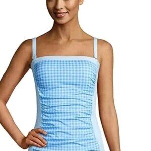 Lands End Womens Bandeau Tankini Swimsuit Top Size 10 Aqua Blue Gingham Slimming